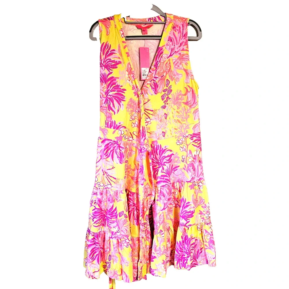Lilly Pulitzer Folly Floral Wrap Dress Calla Yellow Floral Coral Sleeveless Sz L - Picture 3 of 12